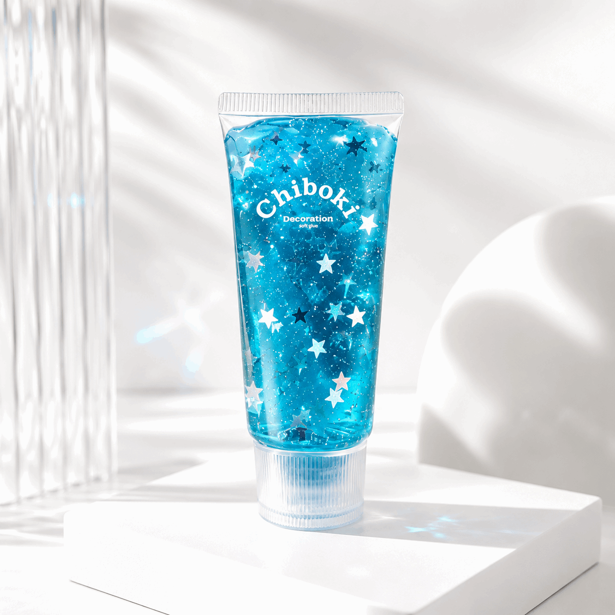 Blue gel product with star patterns and 'Chiboki' branding on a white background