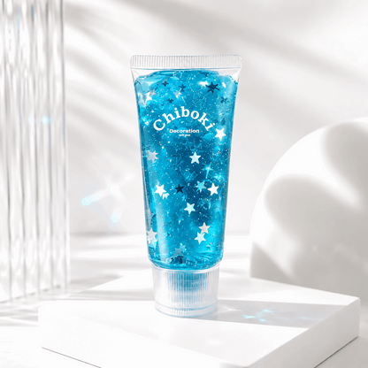 Blue gel product with star patterns and 'Chiboki' branding on a white background