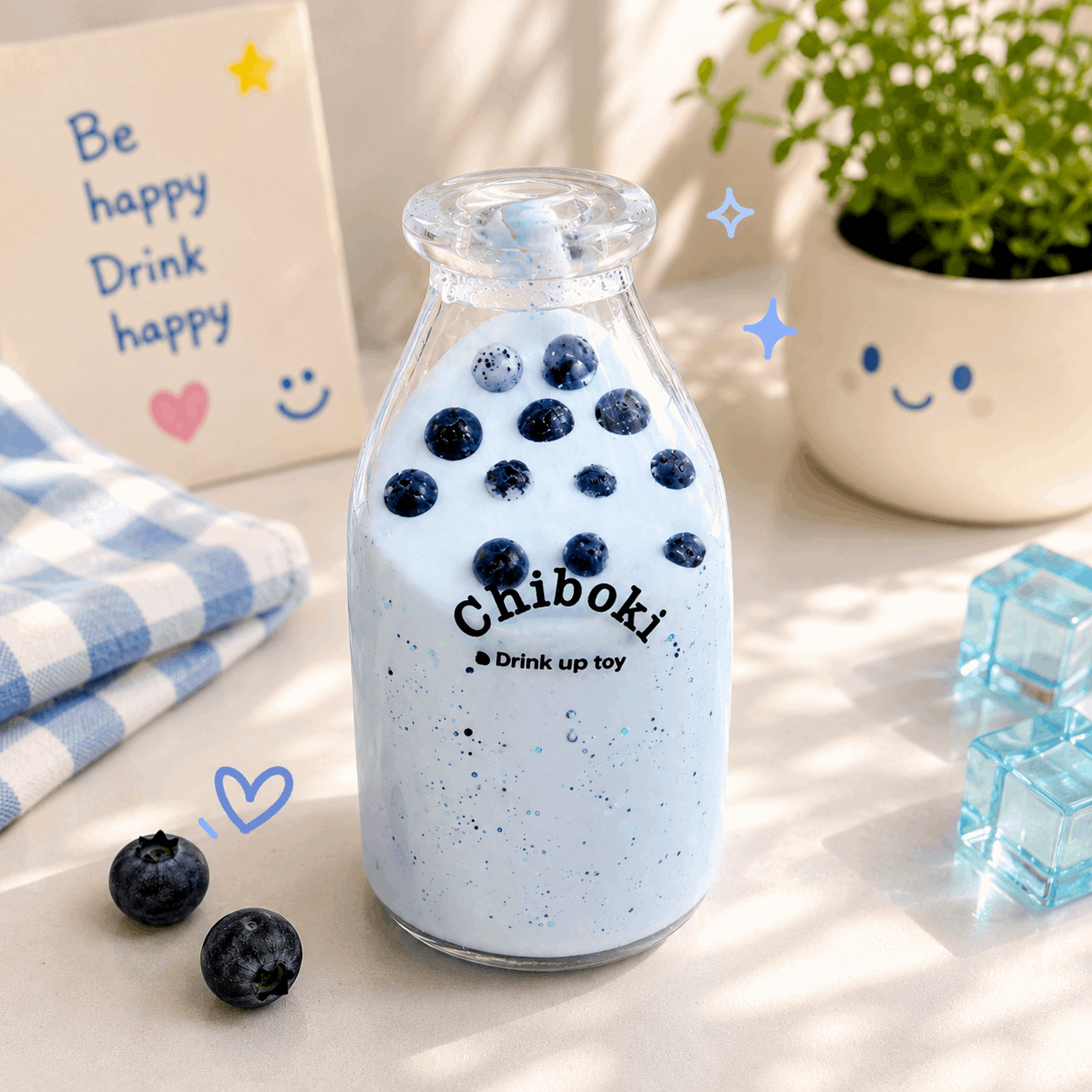 Glass bottle filled with blue milk and blueberries, branded 'Chiboki', on a light surface with decorative elements.