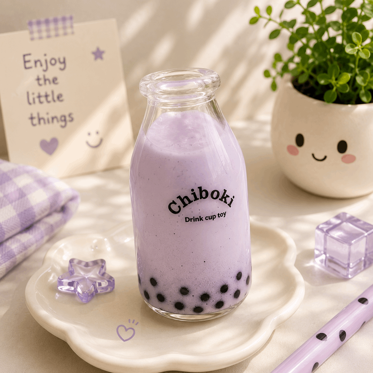 Glass bottle filled with purple bubble tea on a white surface with decorative items.