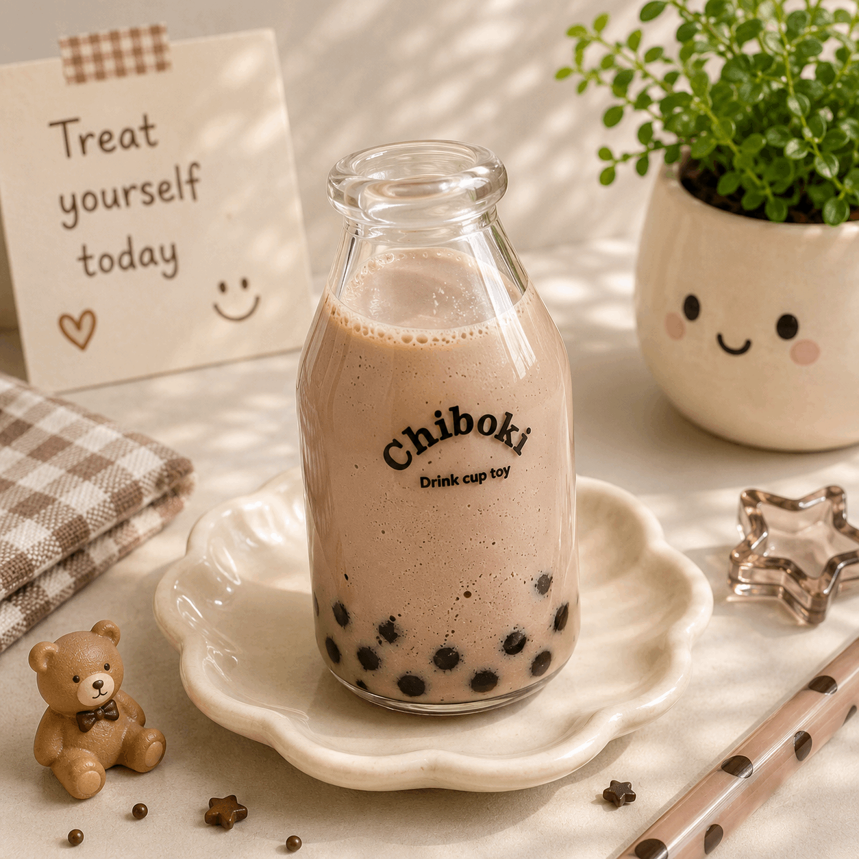 Glass bottle of Chiboki bubble tea with a teddy bear and decorative items on a table.