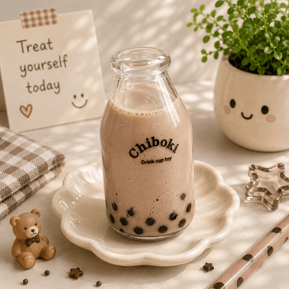Glass bottle of Chiboki bubble tea with a teddy bear and decorative items on a table.