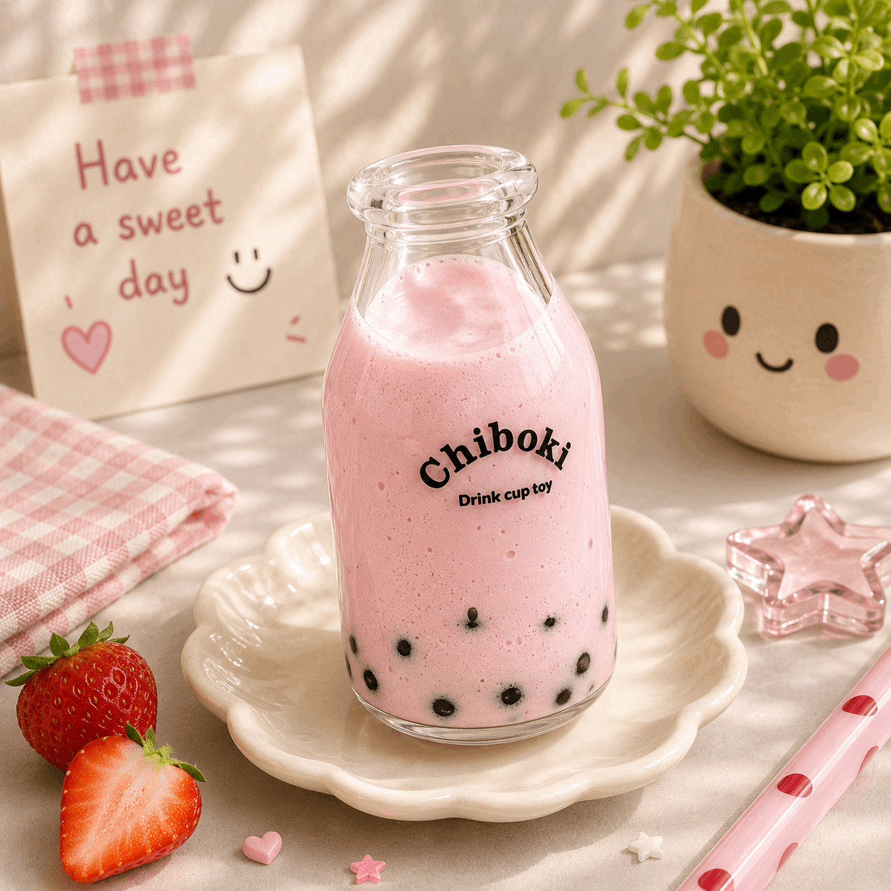 Pink bubble tea in a glass bottle with 'Chiboki' branding on a decorative plate with strawberries and a plant in the background.
