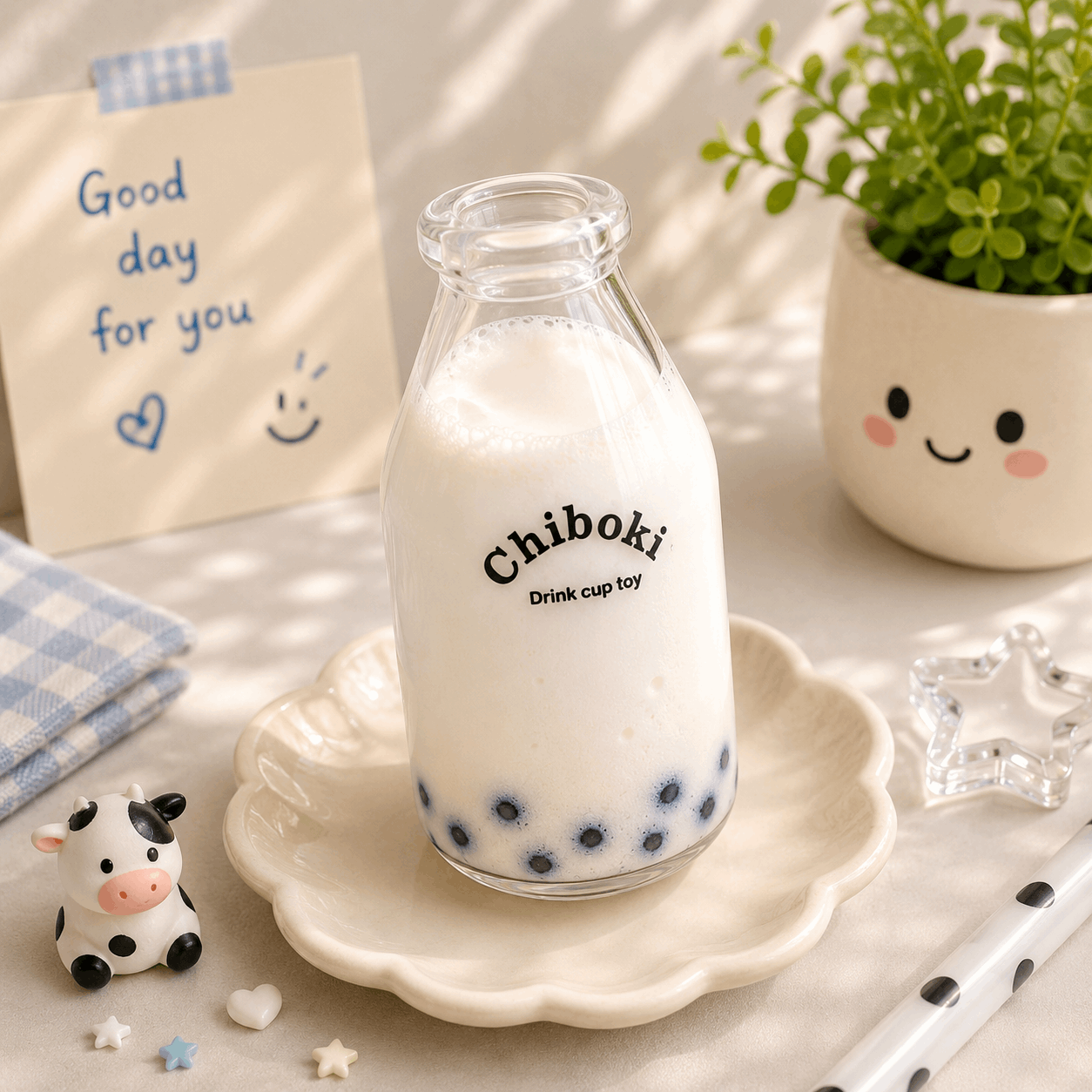 Glass bottle of milk with 'Chiboki' branding on a decorative plate, surrounded by a plant and a small cow figurine.