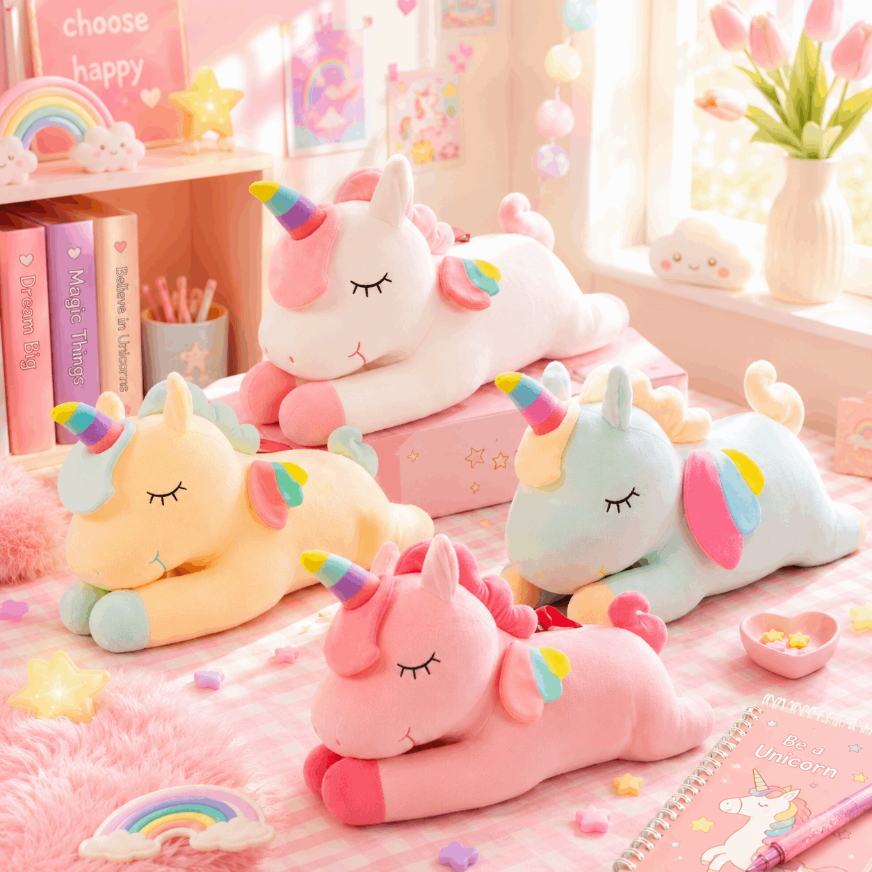 Colorful unicorn plush toys on a pink surface with a bright and cheerful background.