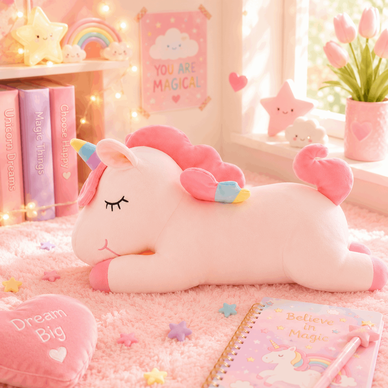 Pink unicorn plush toy in a cozy room with decorative elements