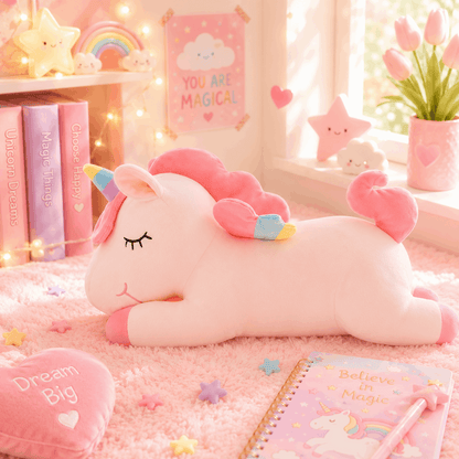 Pink unicorn plush toy in a cozy room with decorative elements