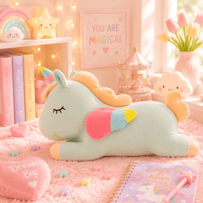 Unicorn plush toy in a child's room with decorative elements