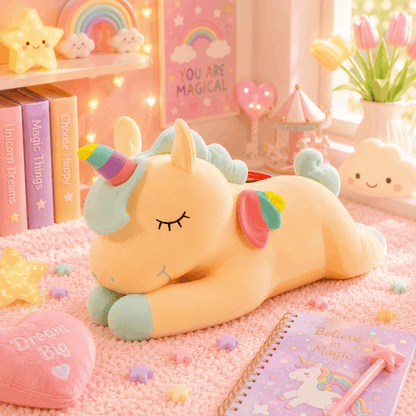 Cute unicorn plush toy in a room with pastel decor and stationery
