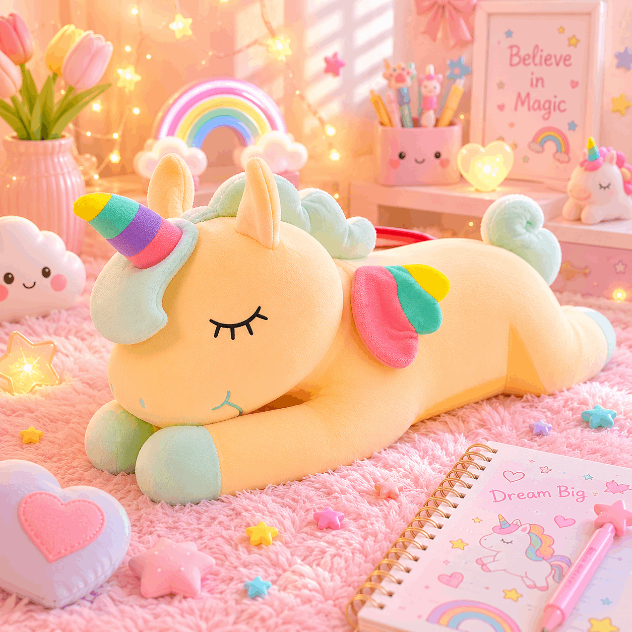Cute plush unicorn toy on a pink surface with decorative items in the background