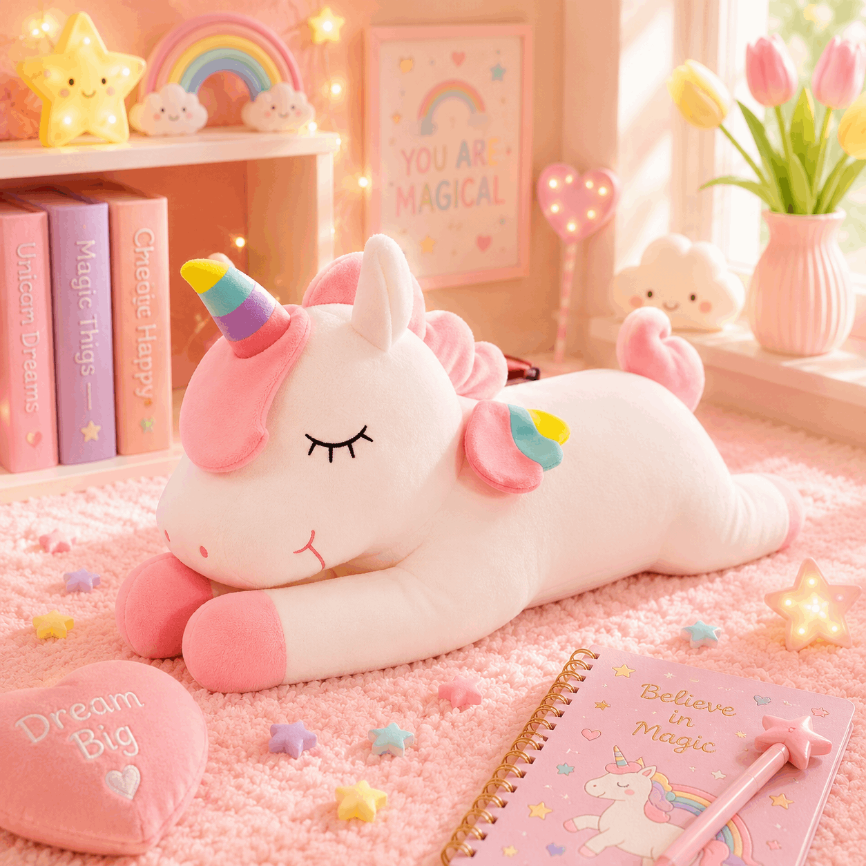 Cute unicorn plush toy on a pink carpet with decorative items in the background