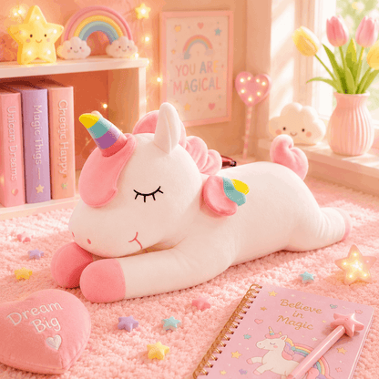Cute unicorn plush toy on a pink carpet with decorative items in the background