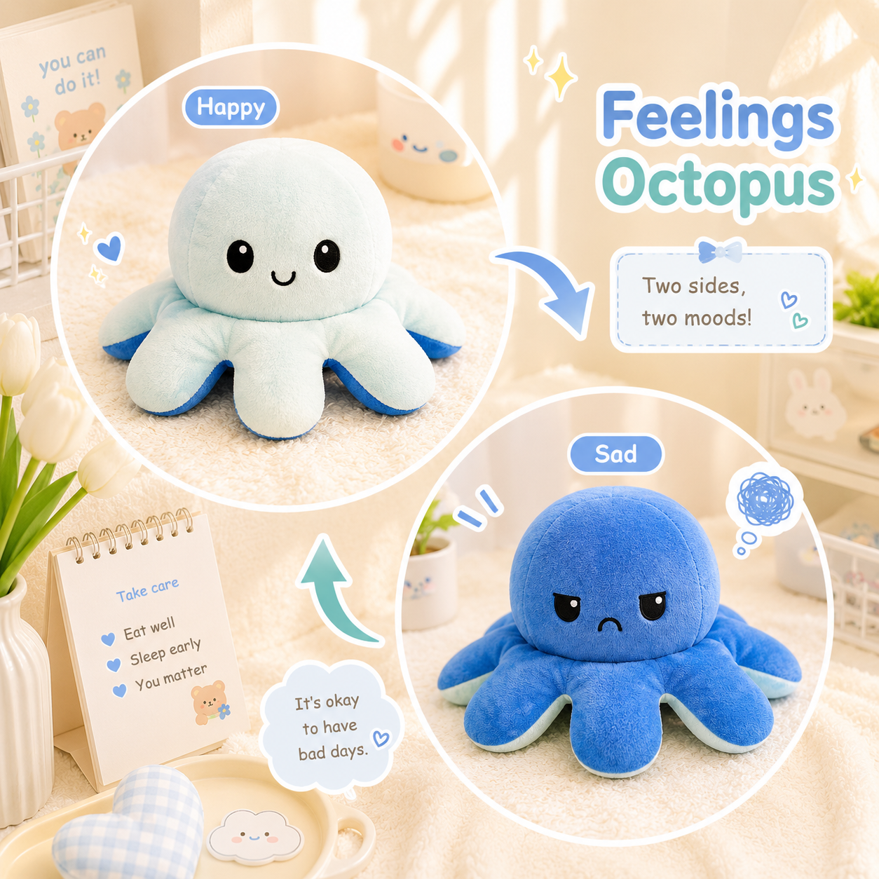 Reversible Feelings Octopus Plush Toy | Double Sided Mood Flip Plushie