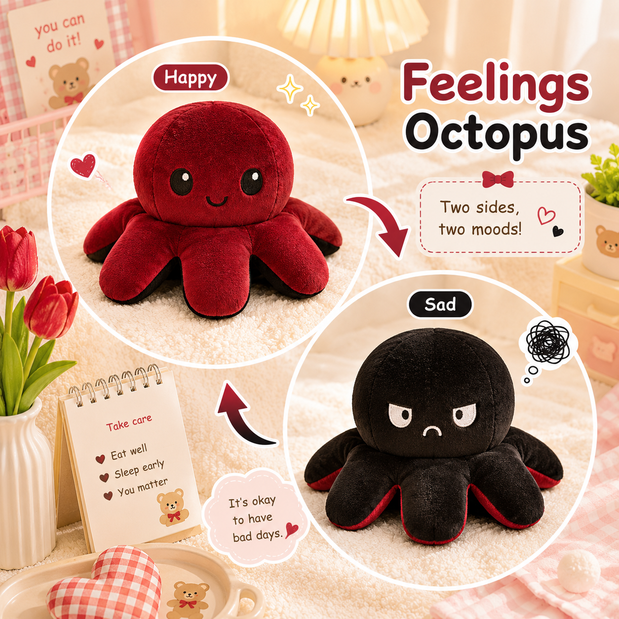Reversible Feelings Octopus Plush Toy | Double Sided Mood Flip Plushie