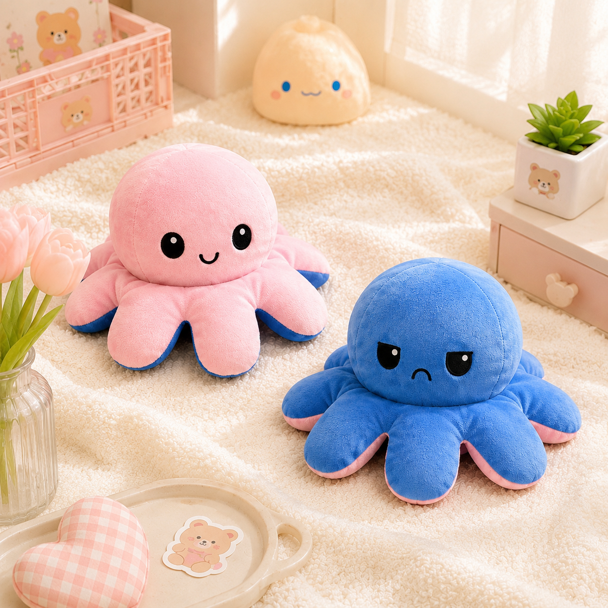 Reversible Feelings Octopus Plush Toy | Double Sided Mood Flip Plushie