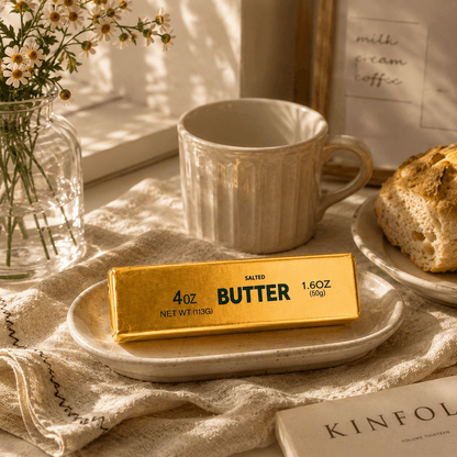 Butter bar on a plate with a cup, bread, and flowers in the background