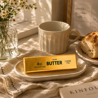 Butter bar on a plate with a cup, bread, and flowers in the background