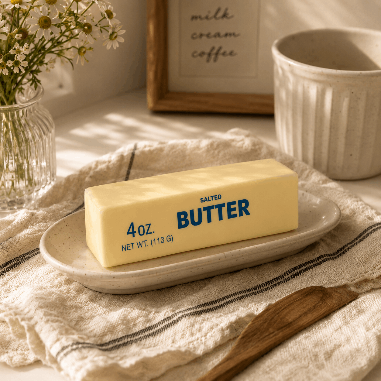 Block of butter on a plate with a wooden spoon and flowers in the background