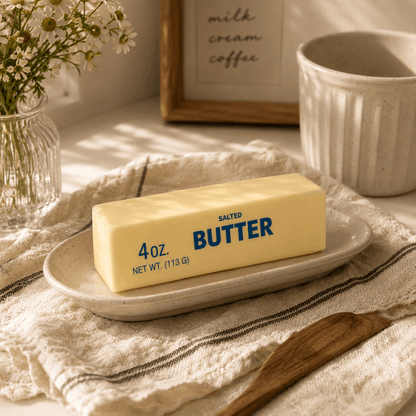 Block of butter on a plate with a wooden spoon and flowers in the background
