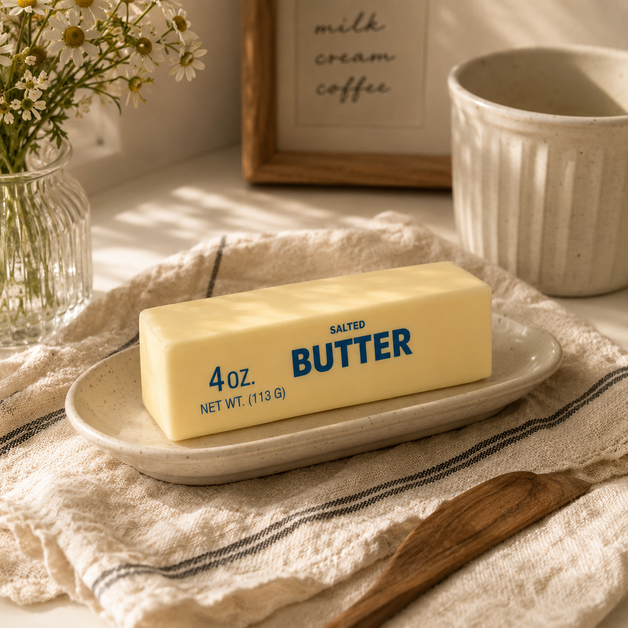 Block of butter on a plate with a wooden spoon and flowers in the background