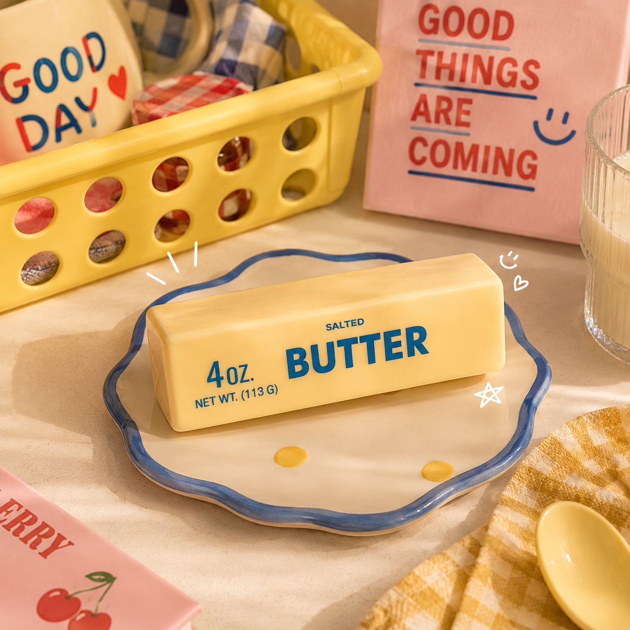 Butter stick on a plate with a 'Good Day' basket and 'Good Things Are Coming' sign in the background.