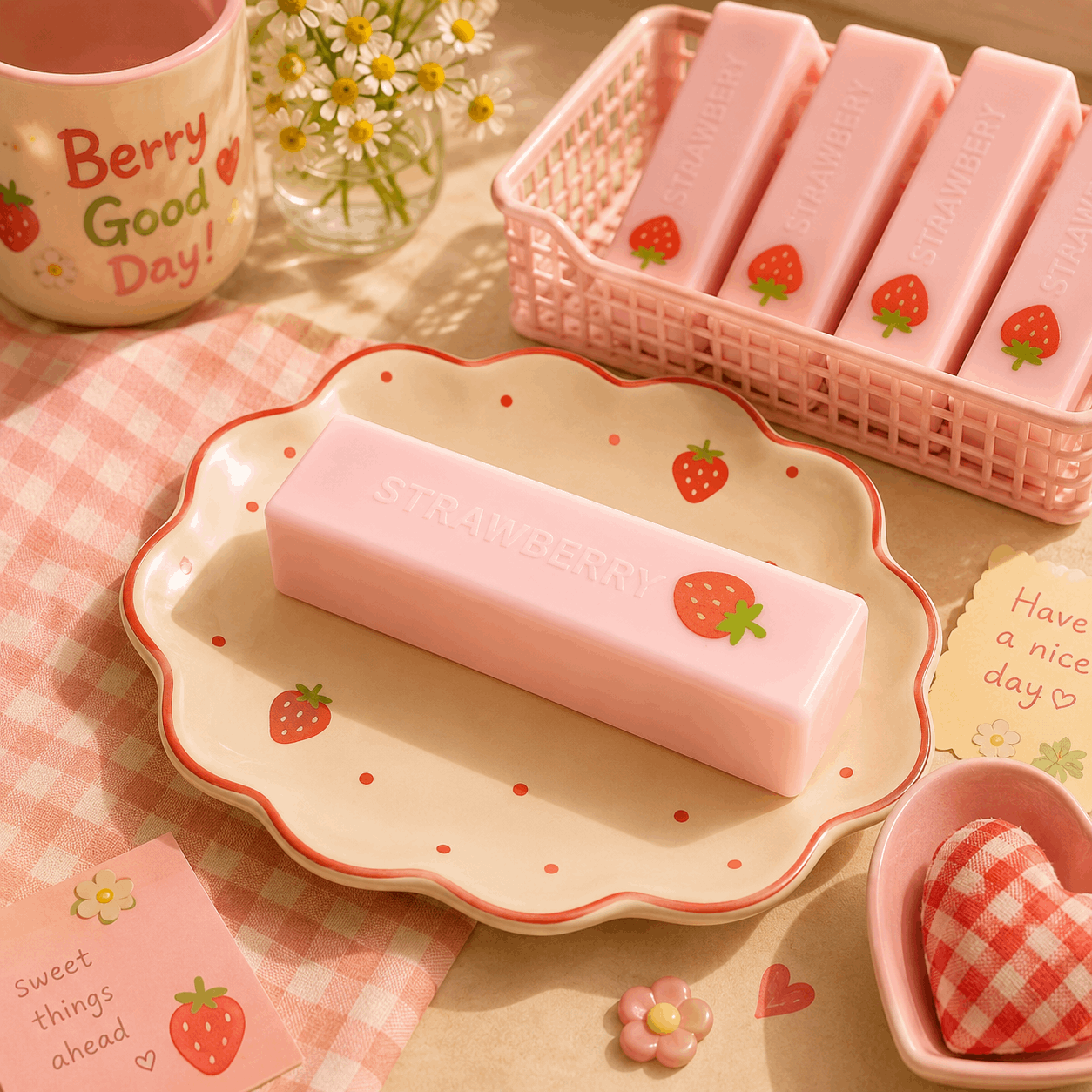 Pink soap bars with strawberry design on a decorative plate, basket, and mug.
