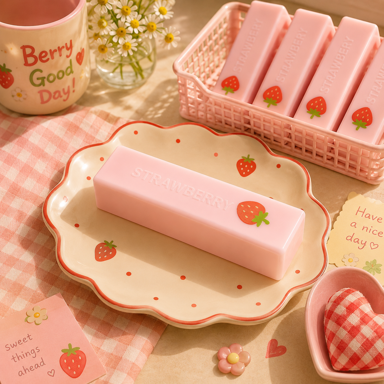 Pink soap bars with strawberry design on a decorative plate, basket, and mug.
