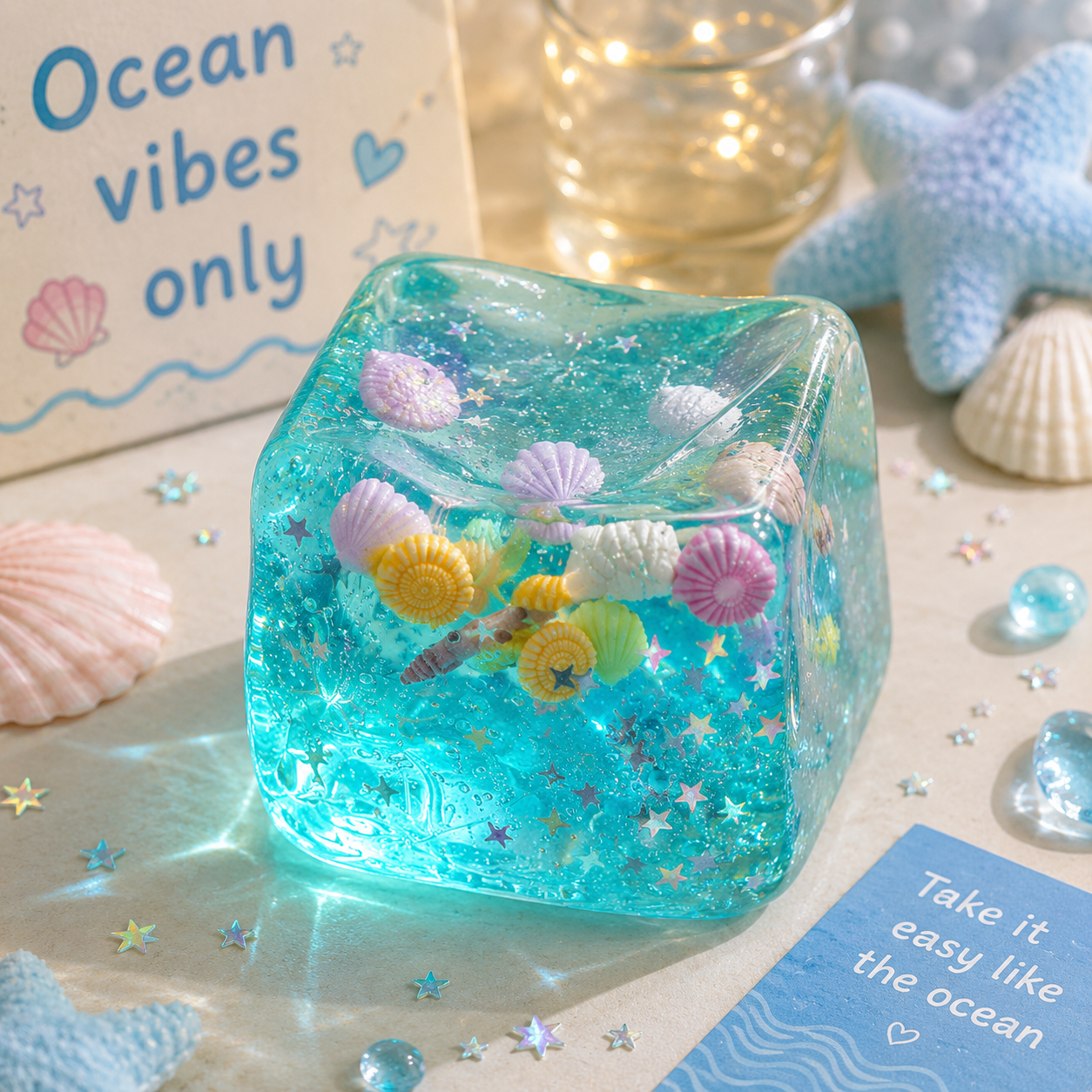 Blue resin cube with sea-themed decorations on a decorative surface with 'Ocean vibes only' text.