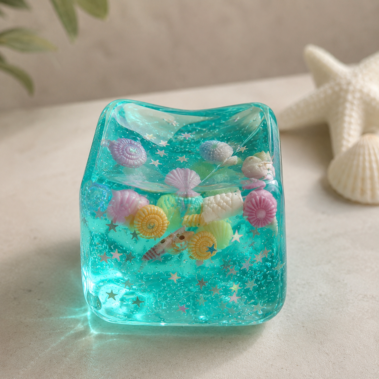 Clear blue gel with sea-themed decorations on a light surface