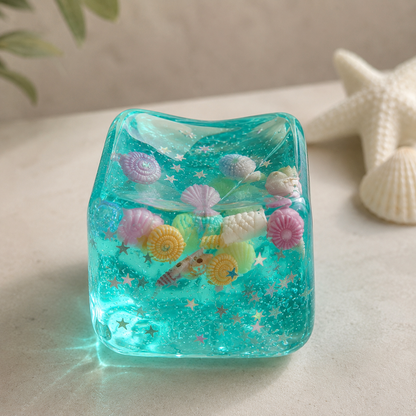 Clear blue gel with sea-themed decorations on a light surface