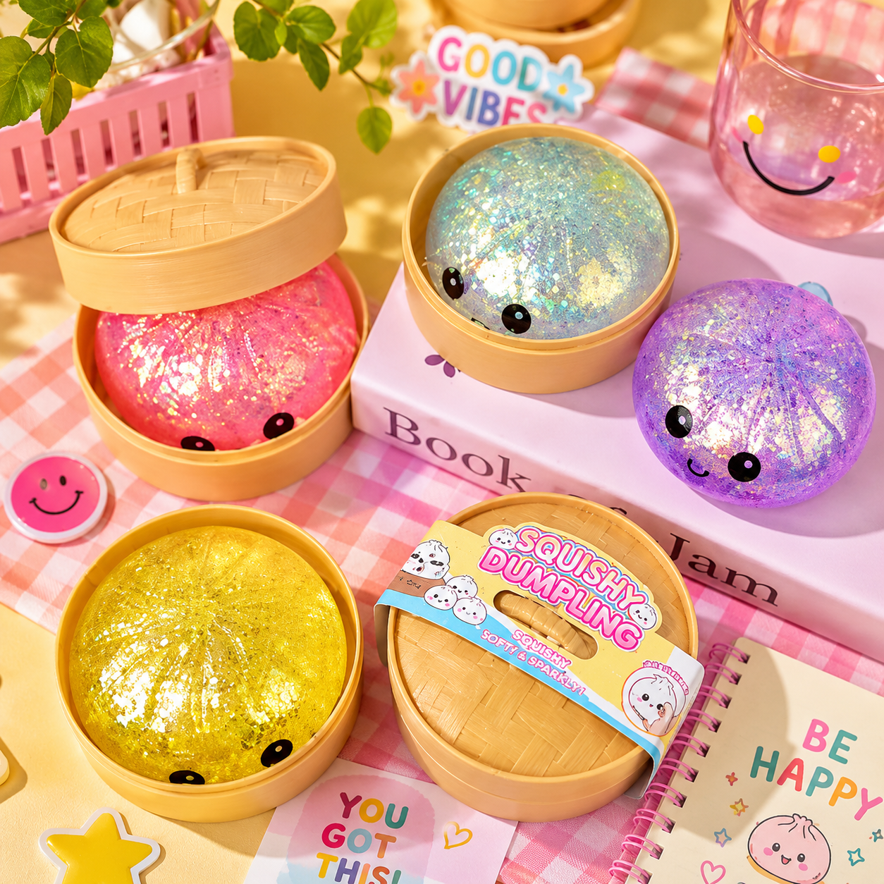 Squishy dumplings with colorful glittery centers in wooden containers on a pink checkered background.