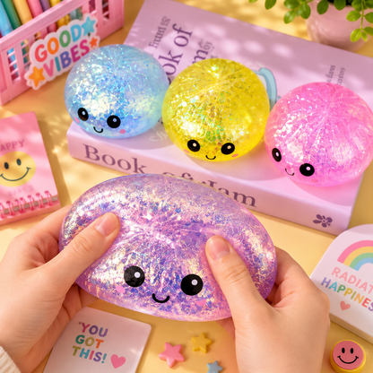 Colorful glittery stress balls with faces on a desk with stationery items.