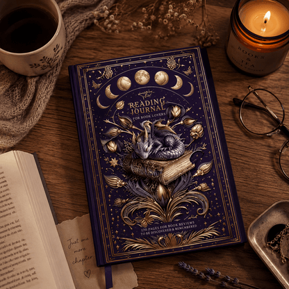 Decorative reading journal on a wooden table with a cup of coffee, candle, and glasses.
