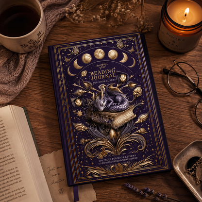 Decorative reading journal on a wooden table with a cup of coffee, candle, and glasses.