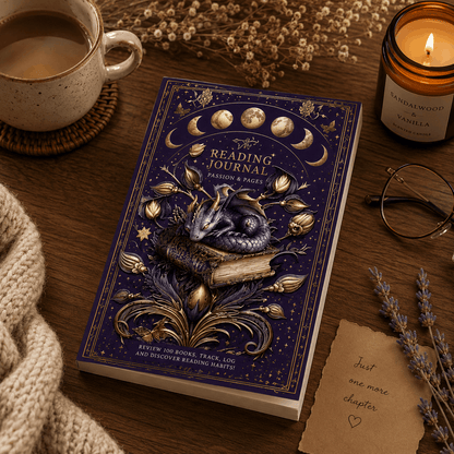 Reading journal with dragon illustration on a wooden table with a cup of coffee and candle.