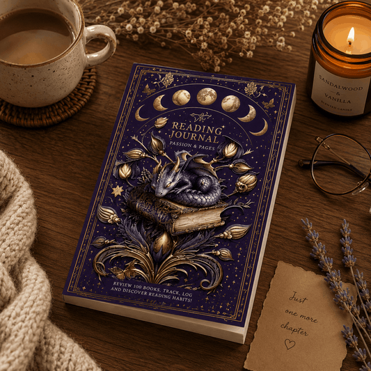 Reading journal with dragon illustration on a wooden table with a cup of coffee and candle.