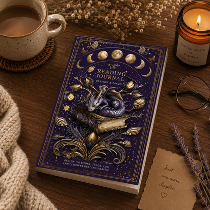 Reading journal with dragon illustration on a wooden table with a cup of coffee and candle.