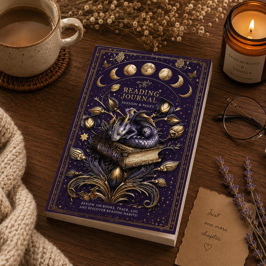 Reading journal with dragon illustration on a wooden table with a cup of coffee and candle.