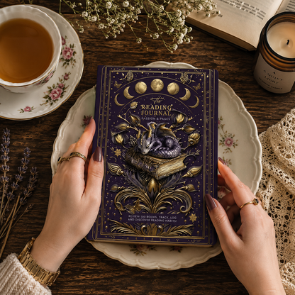 Person holding a decorative reading journal with tea, flowers, and a candle on a wooden table.