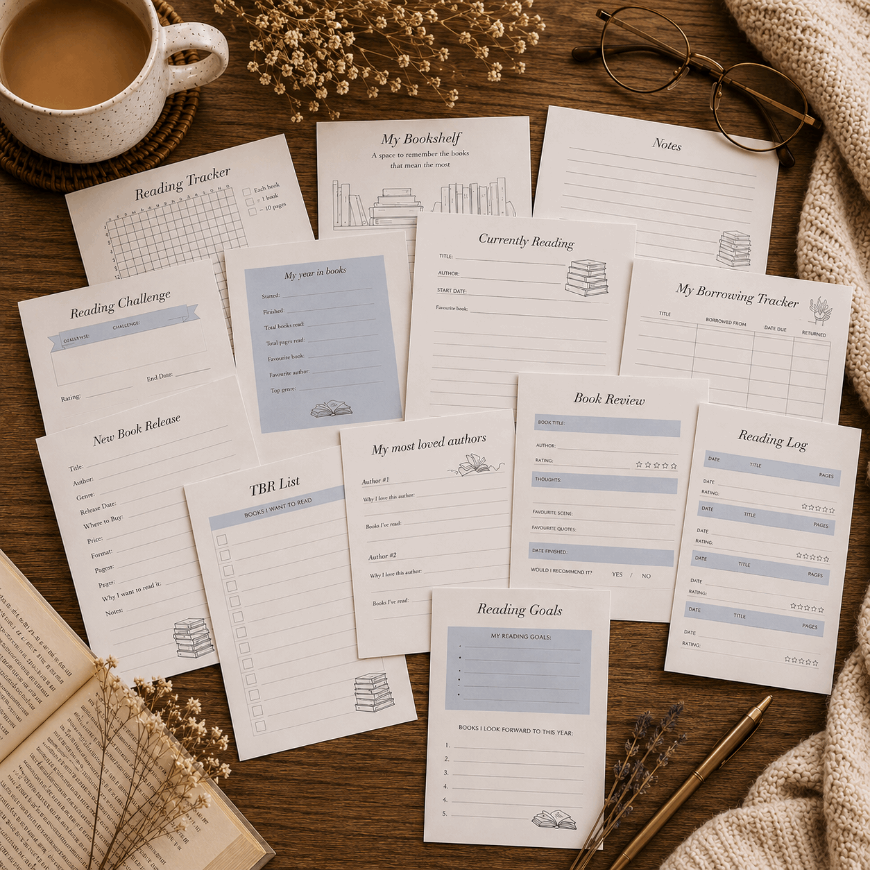 Collection of book-related worksheets on a wooden surface with a cup of coffee and glasses.