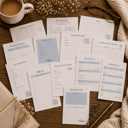 Collection of book-related worksheets on a wooden surface with a cup of coffee and glasses.