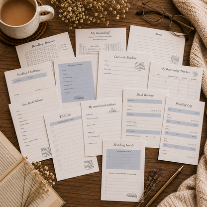 Collection of book-related worksheets on a wooden surface with a cup of coffee and glasses.