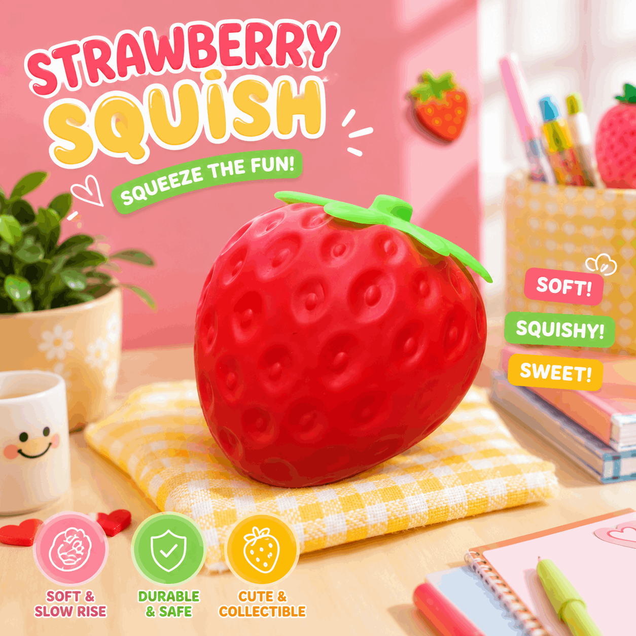 Strawberry-shaped squishy toy with promotional text on a colorful background