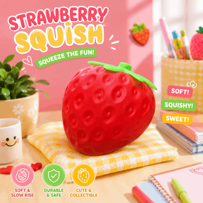 Strawberry-shaped squishy toy with promotional text on a colorful background