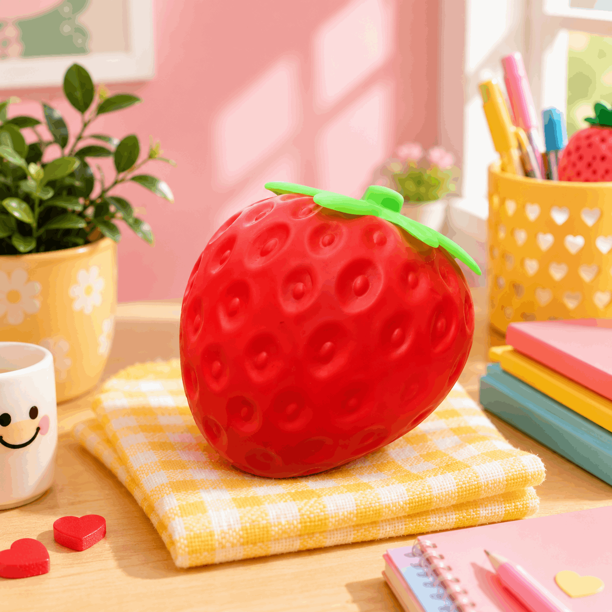 Red strawberry-shaped container on a checkered cloth with a pink wall and desk in the background