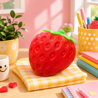 Red strawberry-shaped container on a checkered cloth with a pink wall and desk in the background