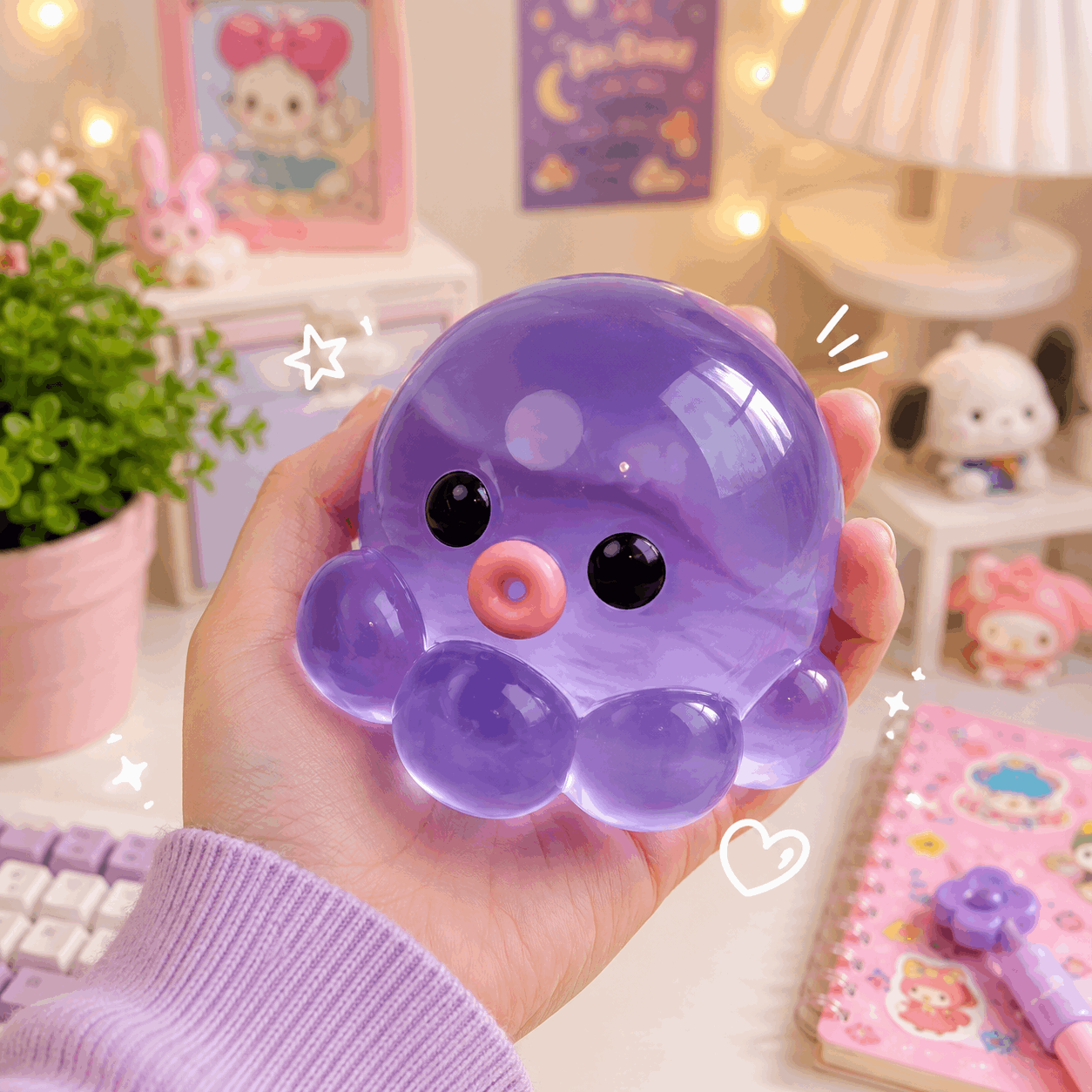 Hand holding a purple octopus-shaped squishy toy in a room with decorative items.