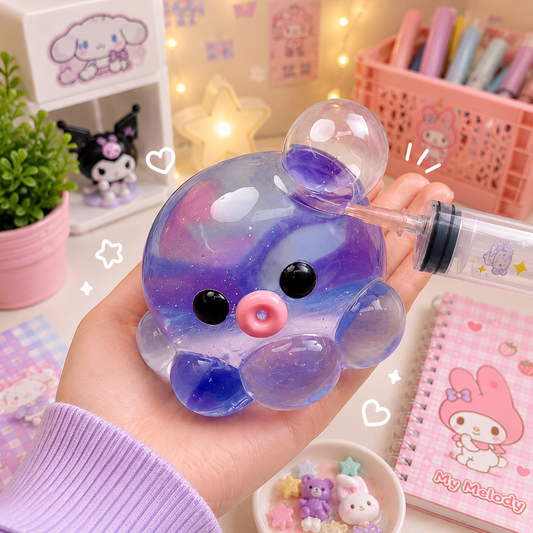 Hand holding a cute, colorful slime toy with a background of stationery and decor items.