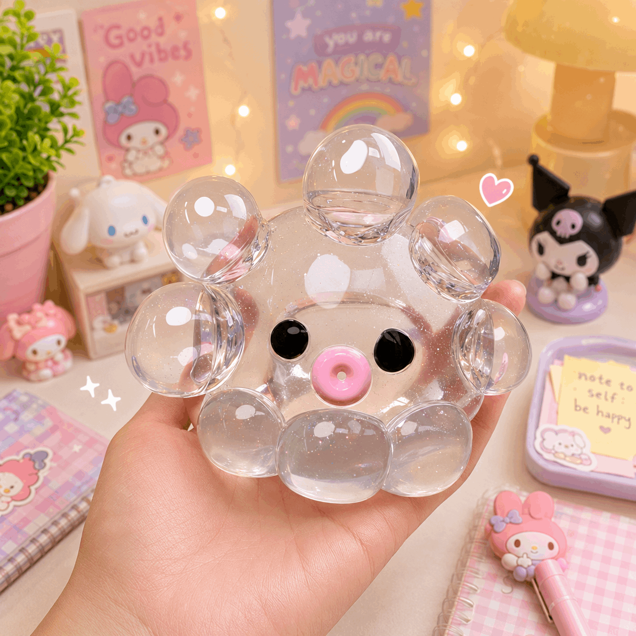 Clear gel with cartoon character design held in a hand, surrounded by decorative items.