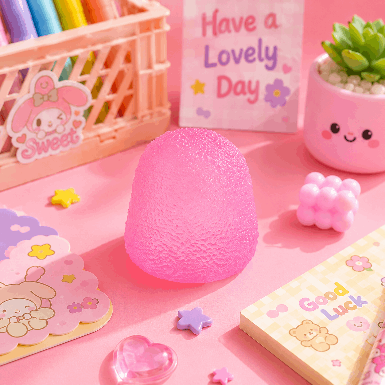 Pink textured ball on a pink surface with stationery items and a 'Have a Lovely Day' card.